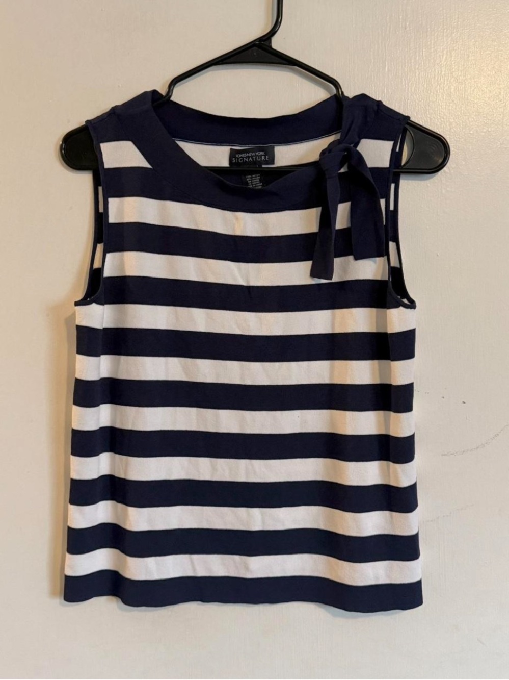 Jones New York navy blue and white striped bow neck knit tank top blouse